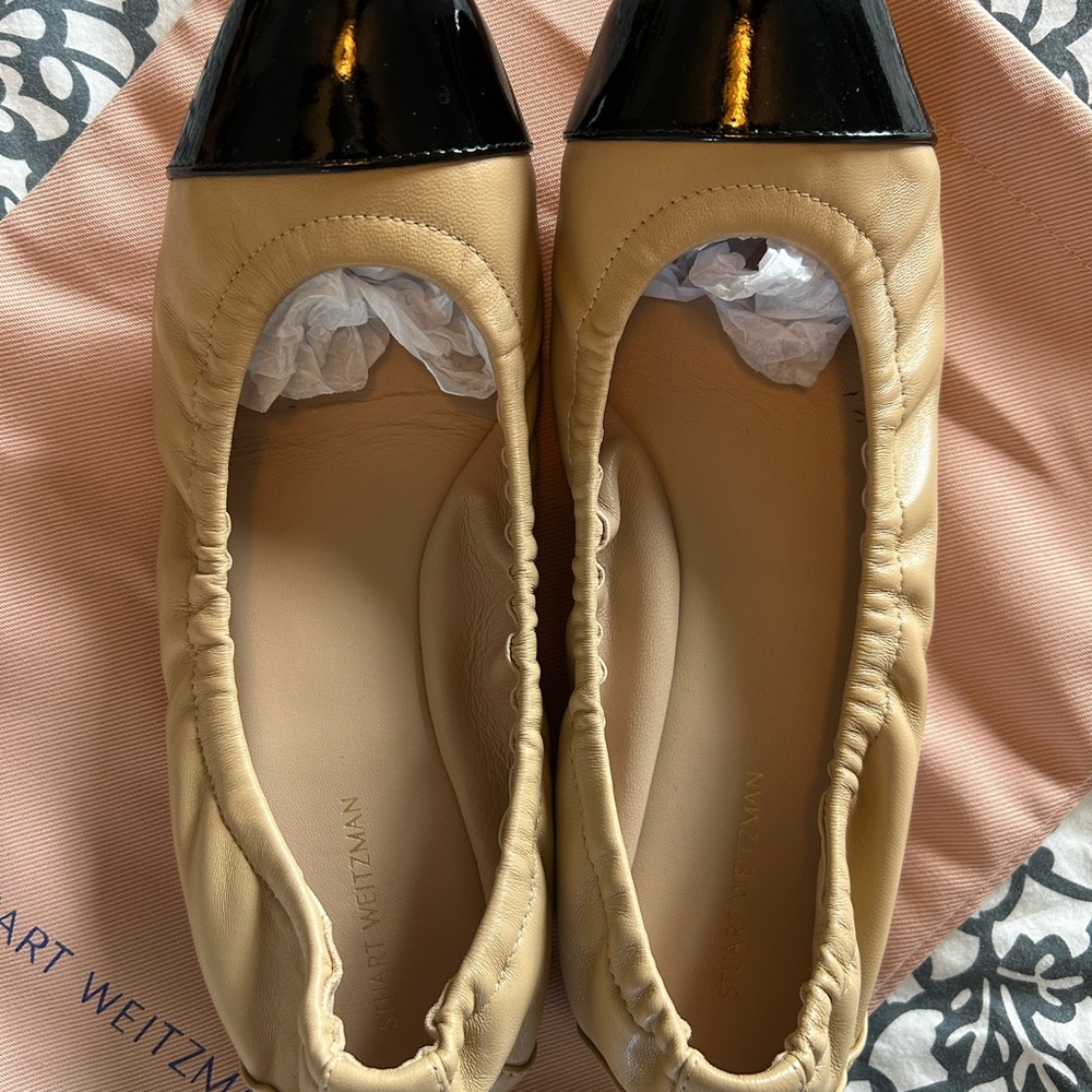 Stuart Weitzman Tan and Black Captoe Flats - Picture 3 of 5